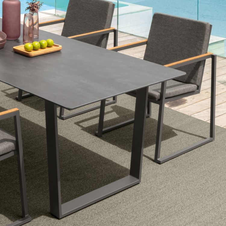 Modern Rectangle Patio Table Outdoor Stone Top and Steel Frame Dining Table