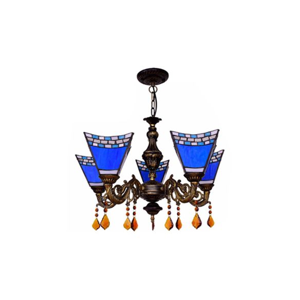 Luce sospesa geometrica in stile retrò vetrata 5 lampadine lampadici con pendenti di cristallo in giallo/blu per camera da letto