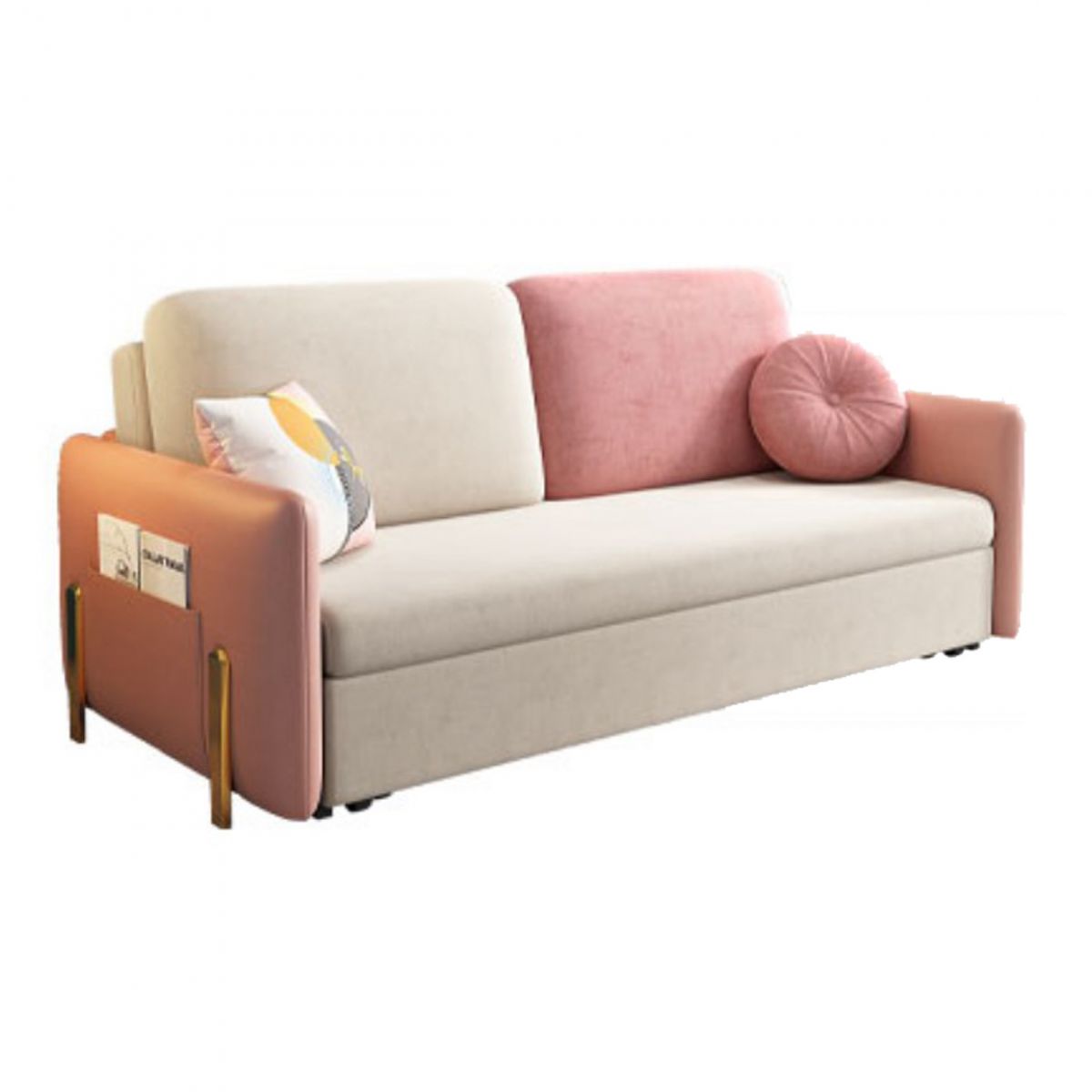 Square Arms Futon Foldable Pillow Included Pink Sleeper Sofa with Storage