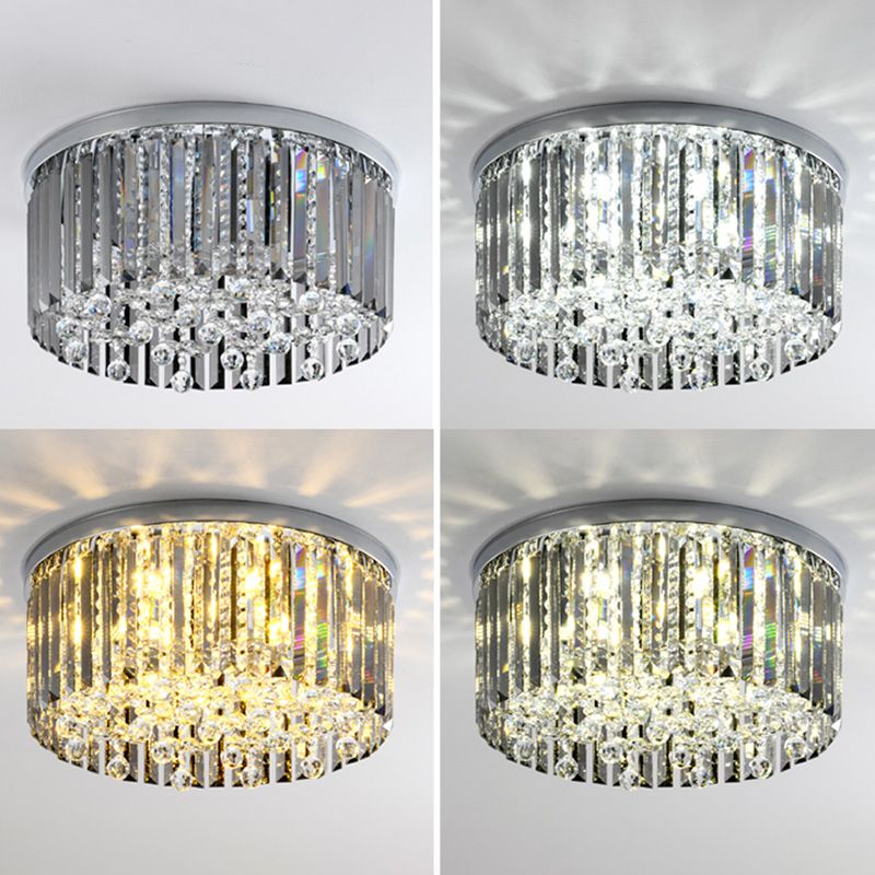 Contemporary Cylinder Flush Light Fixture Crystal 9 Light Flush Ceiling Light
