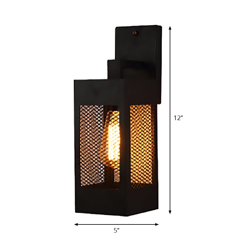 1 Light Sconce Lamp with Rectangle Mesh Metal Shade Vintage Style Indoor Wall Sconce Light in Black