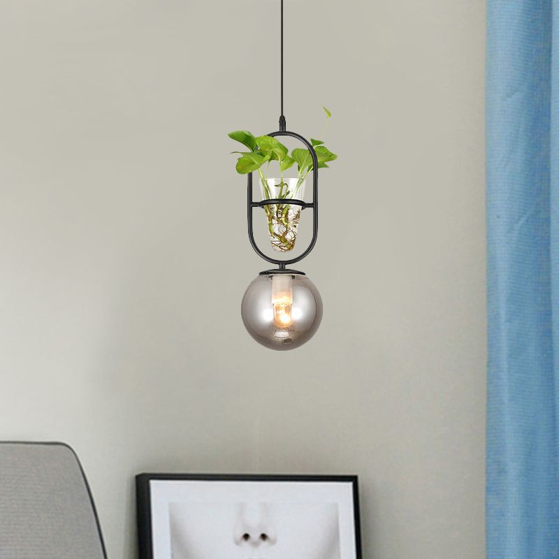 1-Head Hanging Light Loft Spherical Opal/Smoke Gray Glass Ceiling Lamp in Black/Grey/Gold with Oblong Frame and Plant Cup