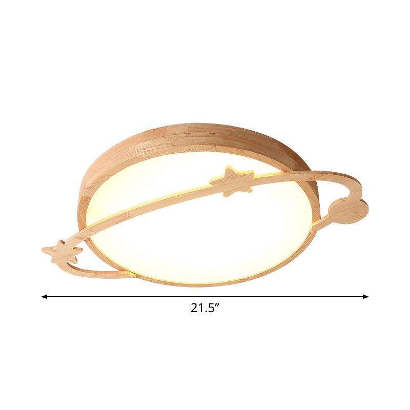 Kids Led Flushmount Light with Acrylic Shade Wood Planet Ceiling Fixture for Bedroom