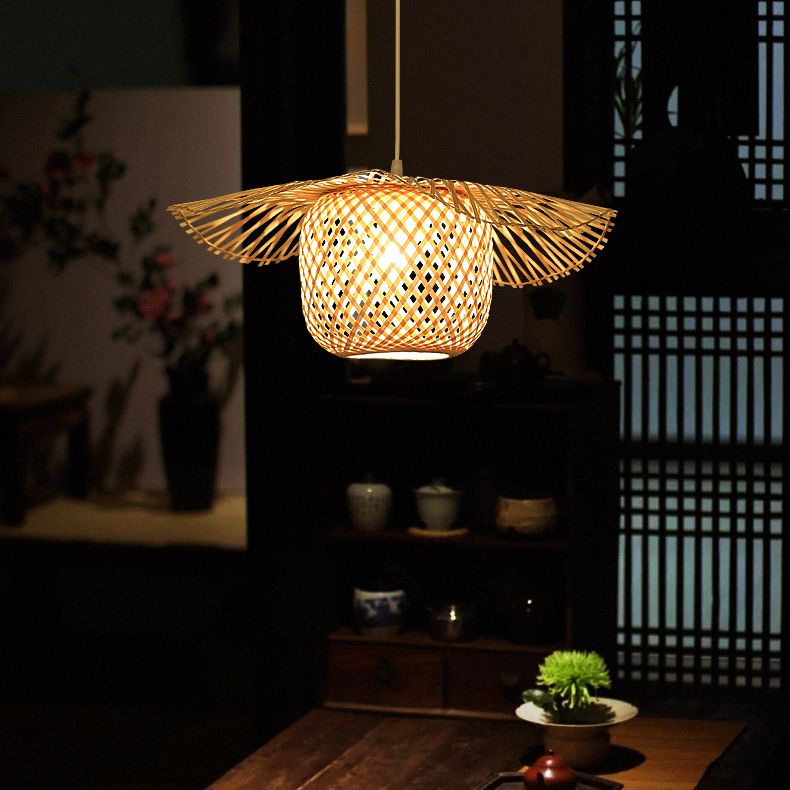 Beige Asia Pendulum Light Rattan 1-Light Hanging Ceiling Light for Dining Room