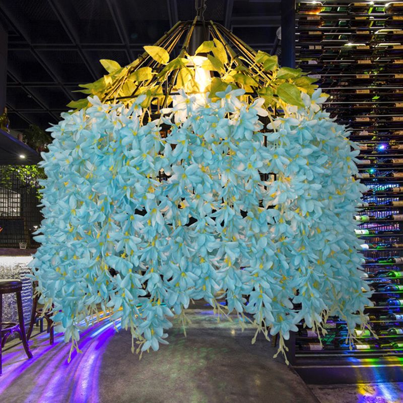 Iron Birdcage Hanging Light Rustic 1 Bulb Restaurant Pendant Light Fixture with Artificial Flower