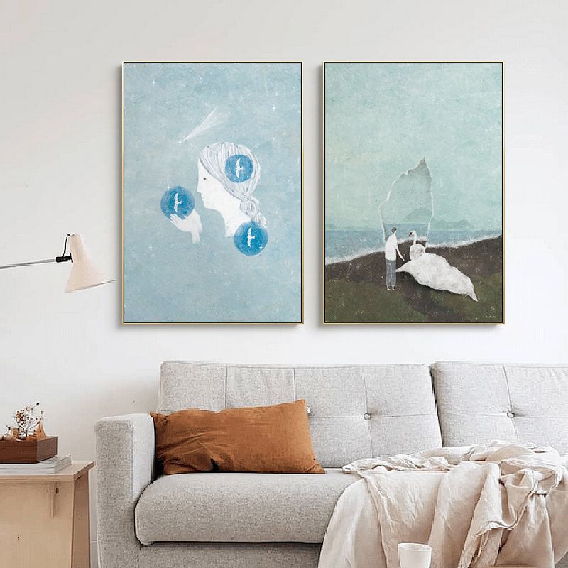 Figure and Animal Drawing Canvas Kids Textured Wall Art in Pastel Color for Room