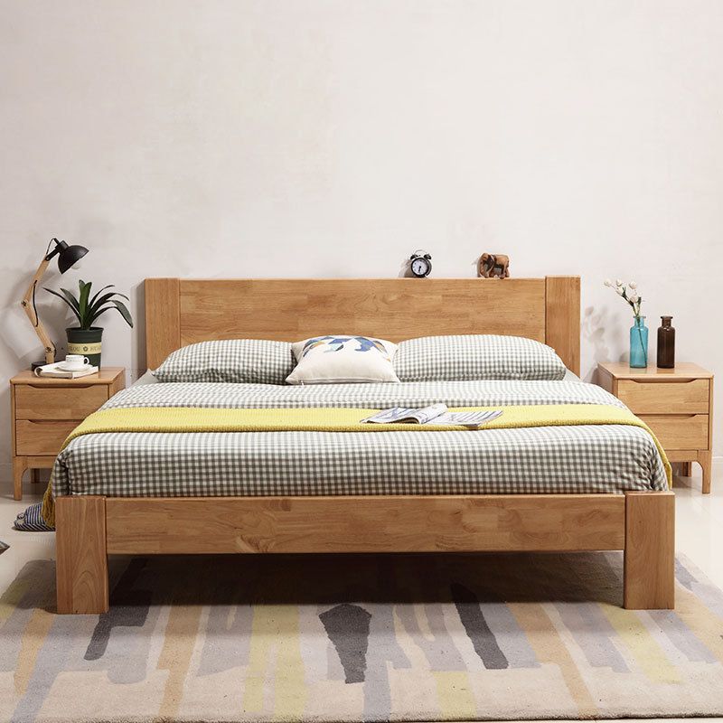 Modern Solid Color Panel Bed Rubberwood Standard Bed with Headboard