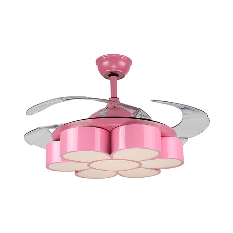 42 "W bloem slaapkamer plafondventilator verlichting armatuur metaal led kinderen semi spoelige gemonteerde lamp in roze met 3 heldere messen, afgelegen/muur en afstandsbediening