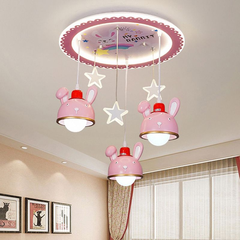 Happy Bunny Girl Bedroom Ceiling Lamp Resin 3 Bulbs Cartoon Flush Mount Fixture with Suspended Dome Shade in Pink
