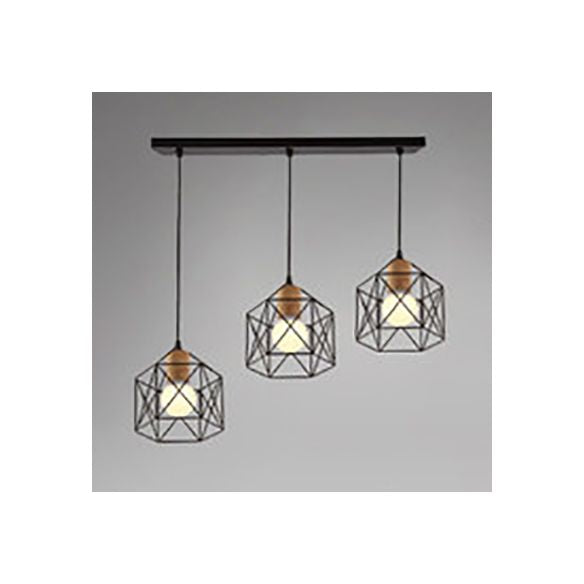 3 Heads Ceiling Fixture Retro Stylish Globe/Hexagon Cage Shade Metal Pendant Light Fixture in Black