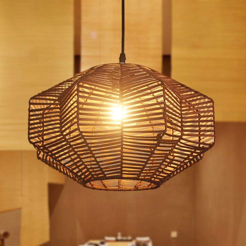 Laser Cut Pendant Lighting Japanese Rattan 1 Bulb Ceiling Suspension Lamp in Coffee