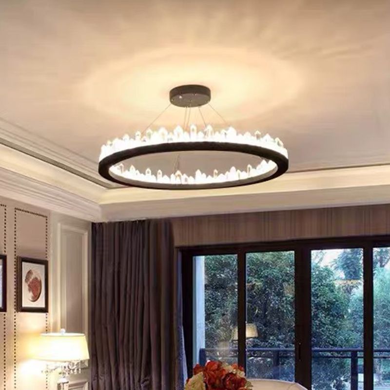 Ring Living Room LED Ceiling Lighting Metallic Postmodern Chandelier Light with Decorative Crystal in Black