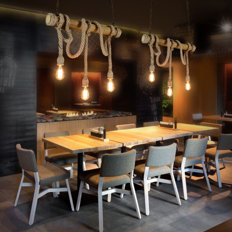 Country Style Hemp Rope Island Light Bamboo 3 Lights Bare Bulb Bar Decorative Island Pendant