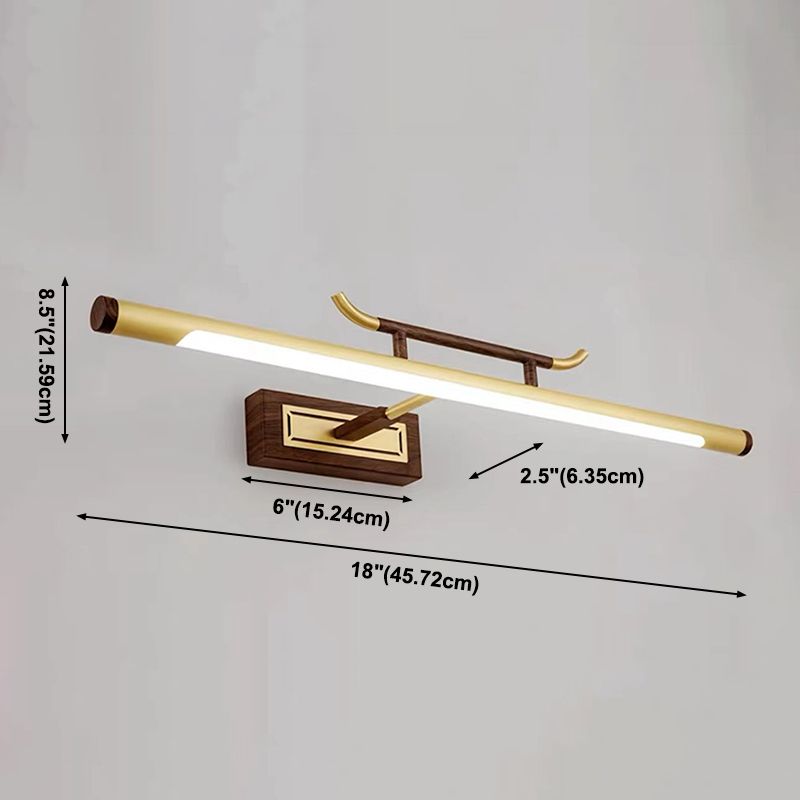 Brass Straight Mirror Light Chinese Style Single Light Wall Lamp for Bathroom