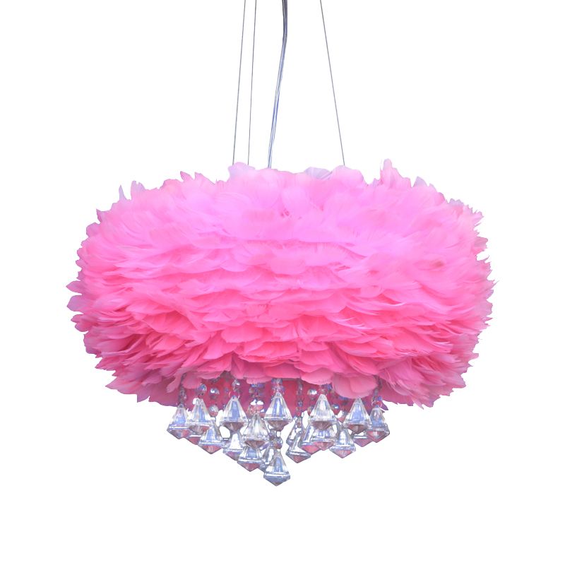 Moderne ronde hanglamp veer 1 bol roze hangend plafondlicht met kristallen druppel