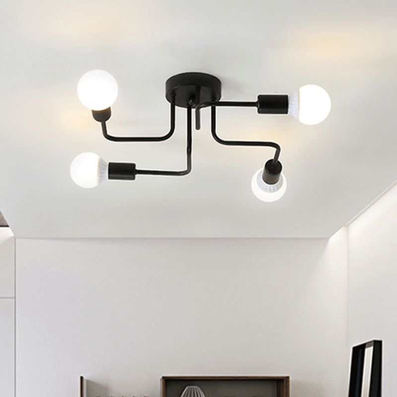 Loft Industrial Exposed Semi Flush Light Fixture 4/6-Head Metallic Ceiling Light Fixture in Black/White for Living Room