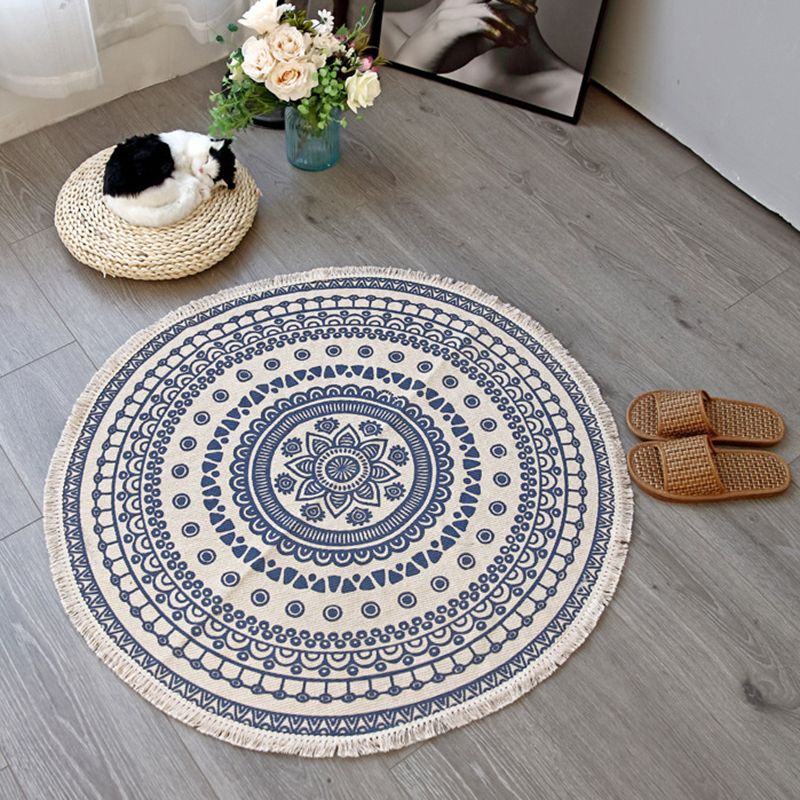 Bohemian Round Carpet Americana Pattern Indoor Rug Cotton Blend Fringe Area Rug for Home Decor