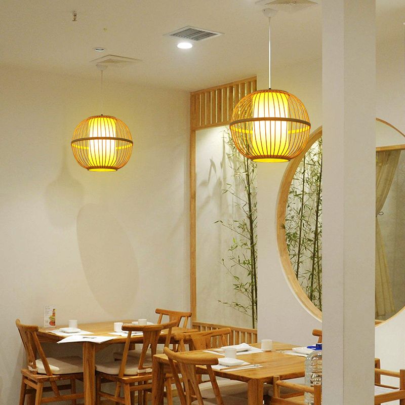 Sphere Tea Room Ceiling Pendant Wooden Single-Bulb Chinese Suspension Light in Beige