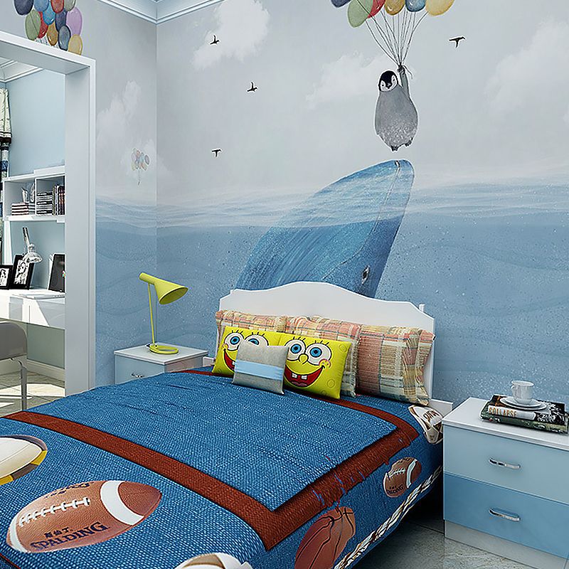 Blue Penguin and Balloon Mural Stain-Resistant for Boy's or Girl's Bedroom
