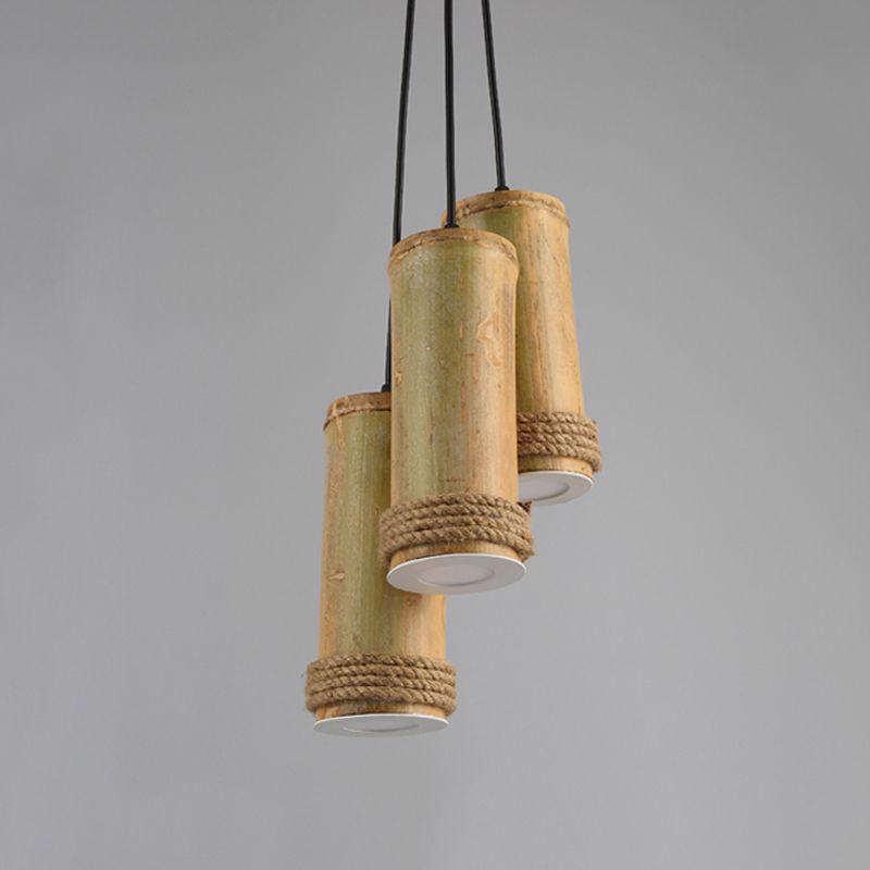 Light Brown 3-Light Cluster Pendant Light Factory Bamboo Cylinder Ceiling Fixture for Restaurant