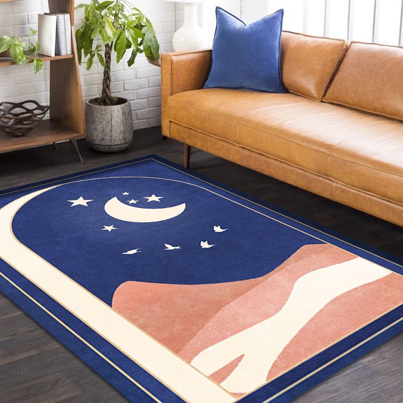 Oriental Moon Pattern Rug Blue and Orange Polyester Rug Non-Slip Backing Washable Pet Friendly Carpet for Home