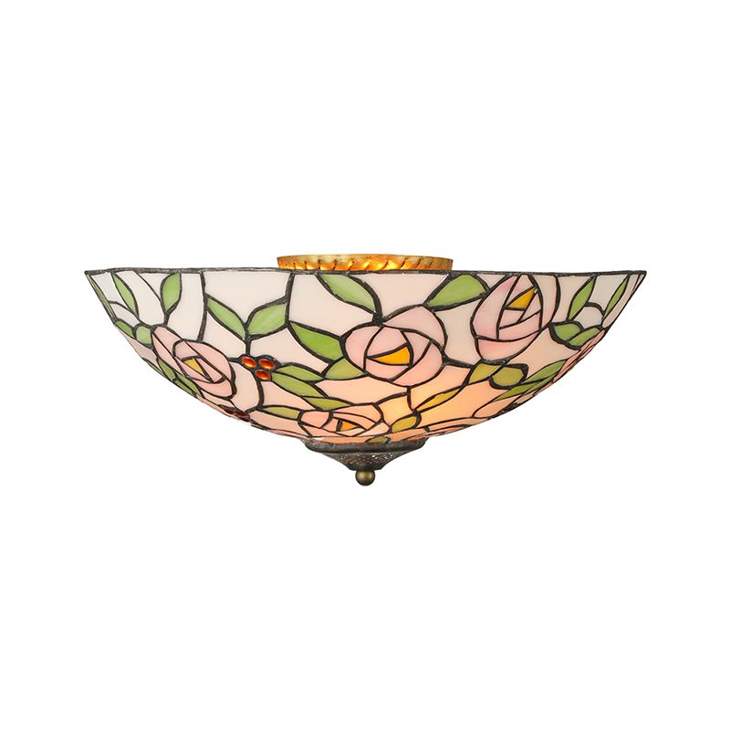 Pink and Green Bowl Flush Light with Rose Vintage Tiffany Stained Glass Flush Ceiling Light