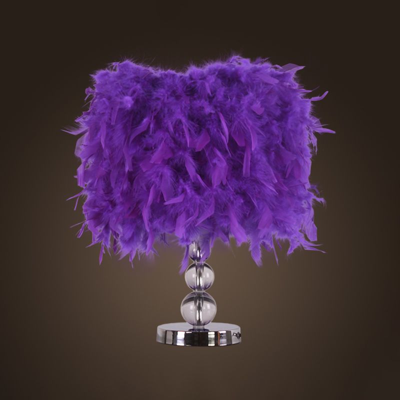 Minimalist Cylinder Night Light Feather 1 Head Bedroom Table Lamp in Red/Pink/Purple with Bubble Crystal Pedestal