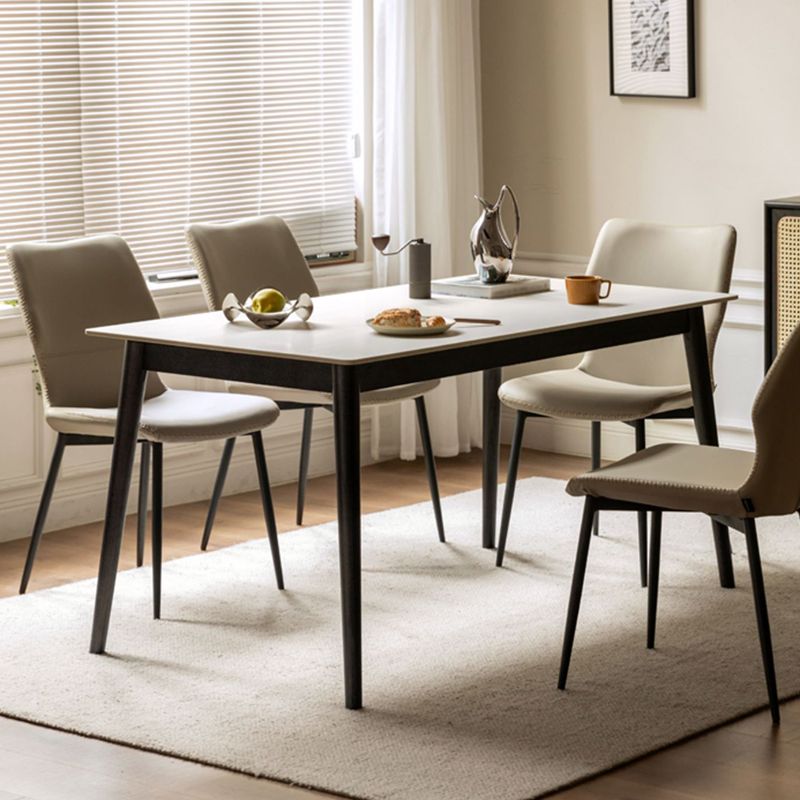 Modern Rectangular Stone White Top Dining Table with 4 Oak Black Legs