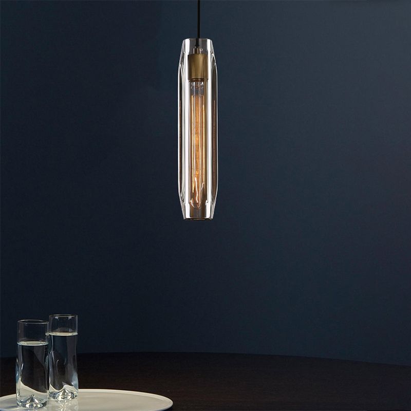 Lampada a sospensione cilindrica in ottone in moderna luce a sospensione a singolo pendente di rame di lusso con tonalità di cristallo