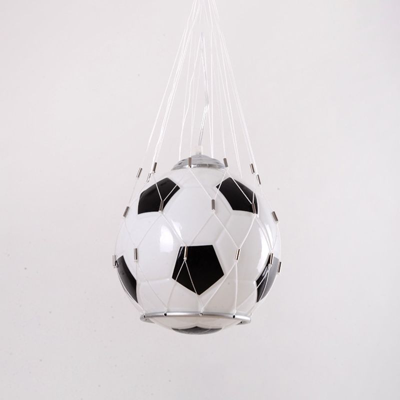 Cartoon Football Hanging Light White Glass 1 Light Kids Room Pendant Lamp in Black with Mesh