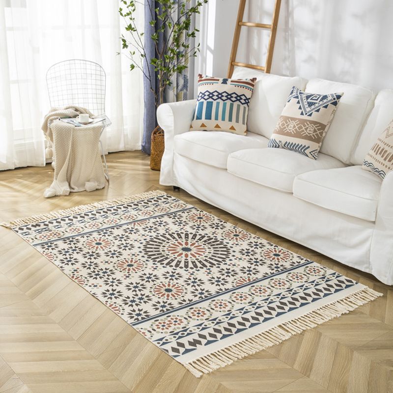 Mehrfarbiger, minimalistischer Teppich, Baumwolle, Tribal-Druck, Innenteppich, Fransenteppich für Wohnzimmer
