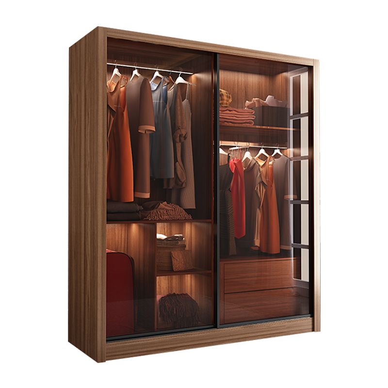 Mirrored Finish Cabinet with Glass Door Modern Brown Wardrobe for Home