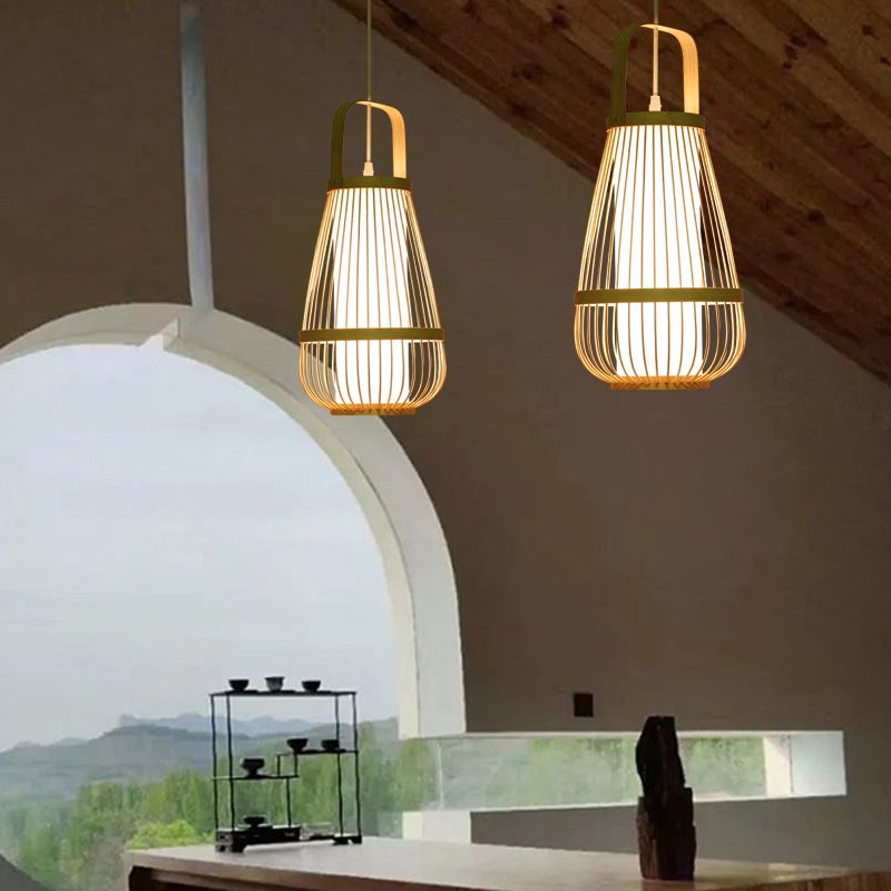 Basket Bamboo Pendant Light Contemporary Single-Bulb Wood Suspension Light Fixture