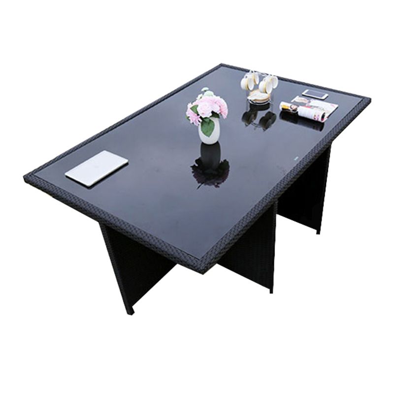 Rattan Dining Table Set with Black Tempered Glass Table for Courtyard