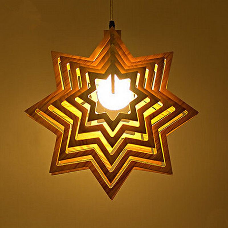 Modern Anise Star Hanging Lamp Kit Wood 1 Head Living Room Hollowed-out Pendulum Light in Beige