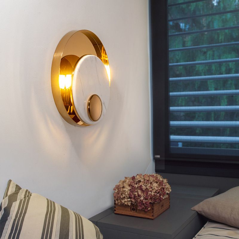 Modern Style Metal Wall Light Round Gold Wall Sconce with Marble for Living Room