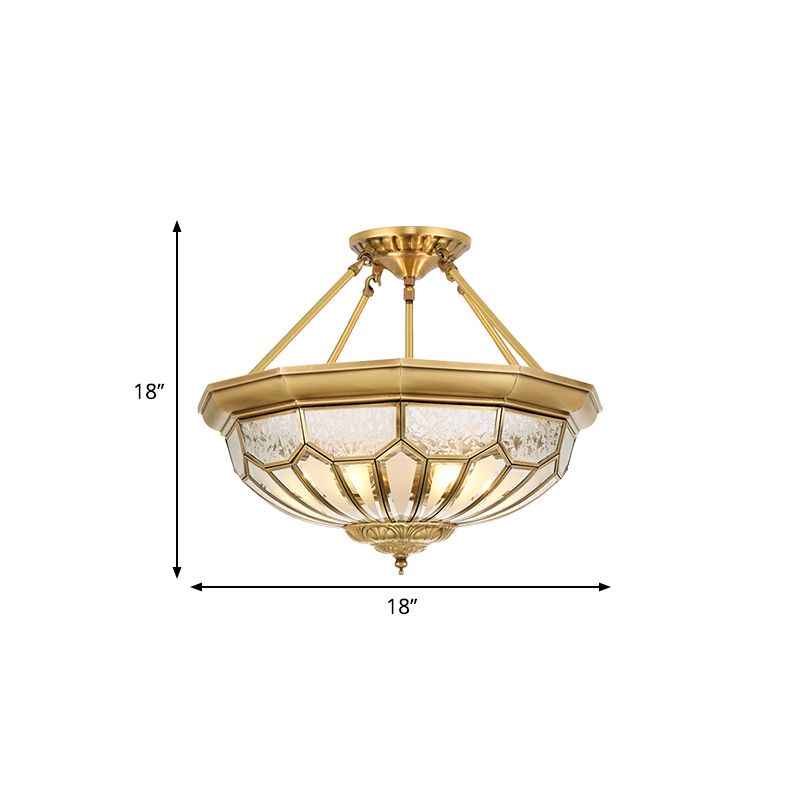 18"/19.5" Wide Bowl Bedroom Semi Flush Light Antique Frosted Glass 4/6 Lights Gold Semi Mount Lighting