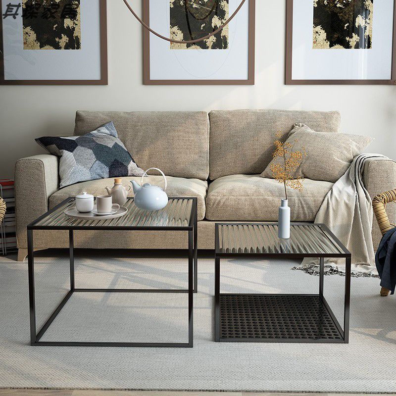 Modern Style Black/off-white/gold Metal Base Square Side Table