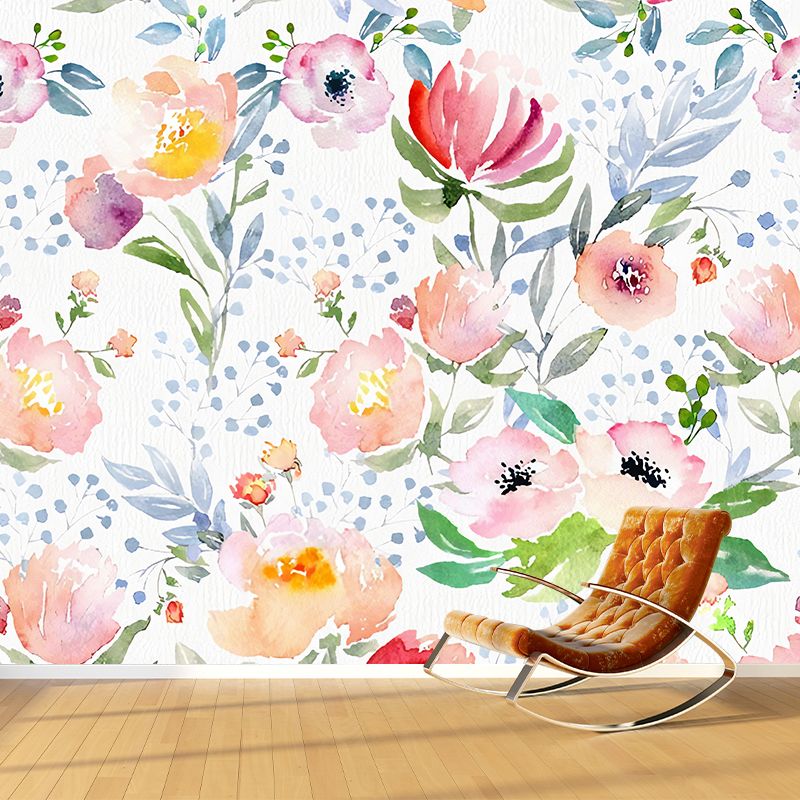 Illustration aquarelles de fleurs murales pour décoration de salon en rose tendre, réalisées sur mesure