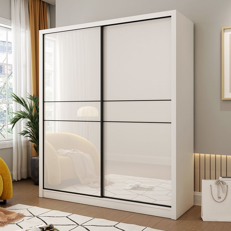 White Mirrored Finish Wardrobe Cabinet Modern Engineered Wood Wardrobe