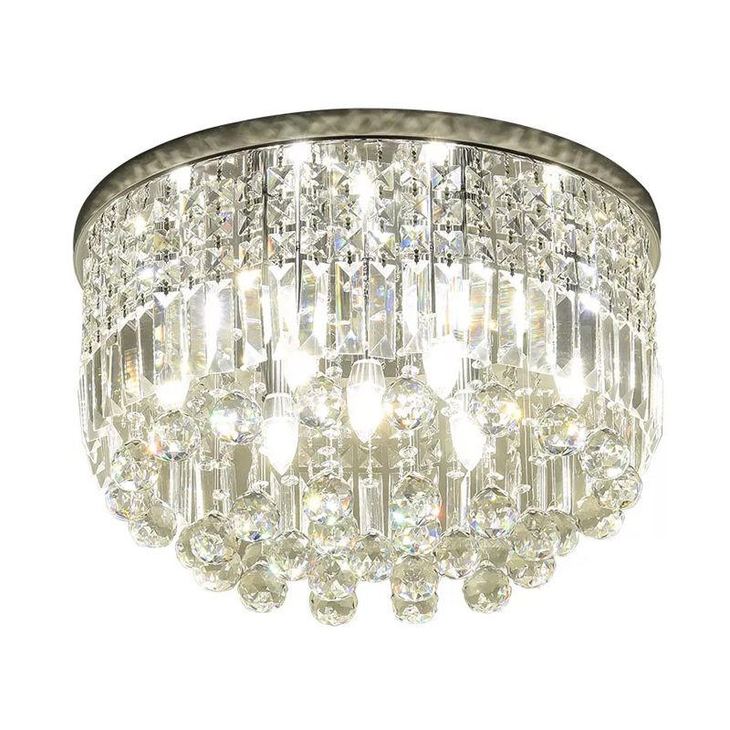 Nickel Round Flush Mount Light Modern 9-Bulb Clear Cut Crystal Ceiling Light Fixture