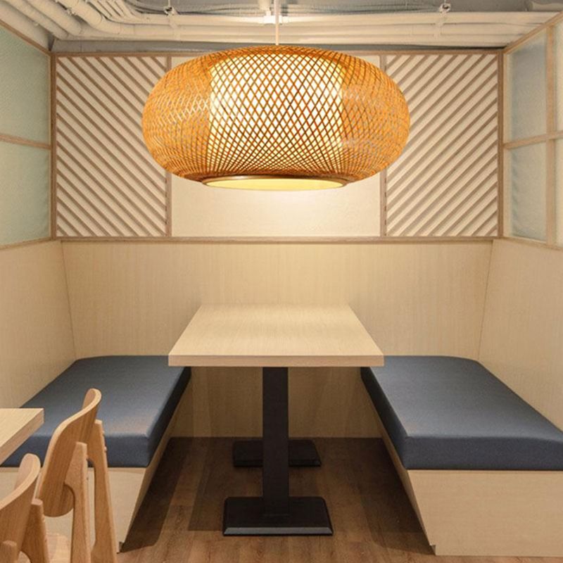 Wood Pumpkin Shaded Ceiling Light Asian Style 1 Bulb Bamboo Hanging Light Fixture