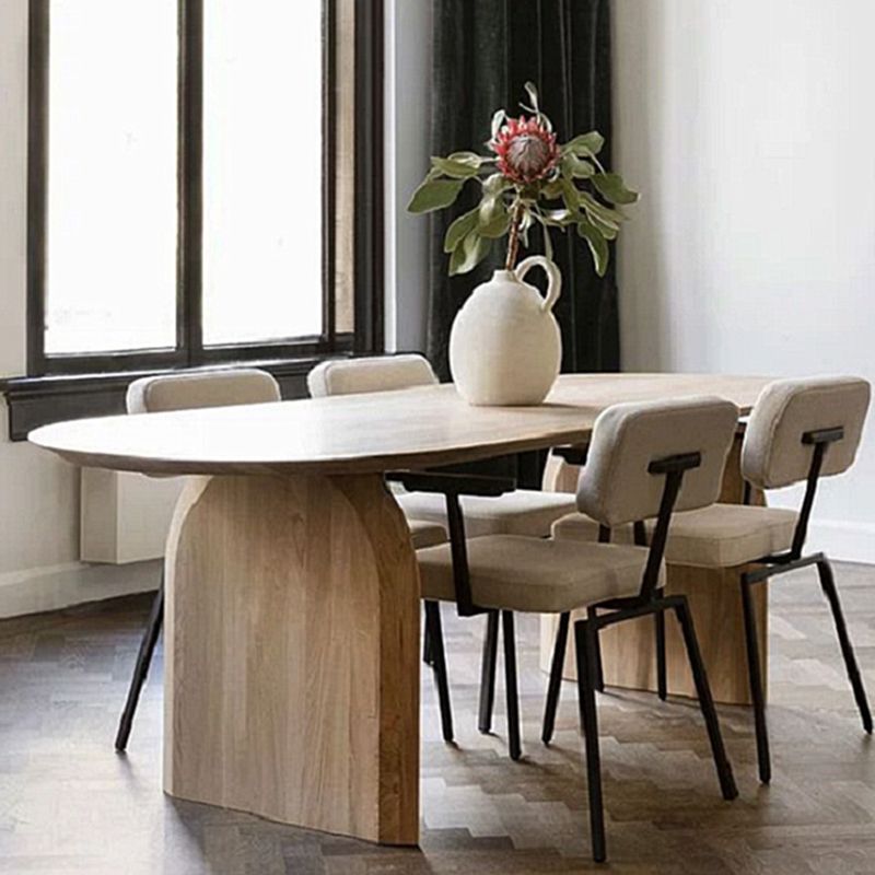 Table de bois massif en pin ovale table à manger moderne avec piédestal double en bois pour restaurant