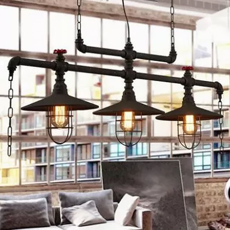 2/3 koppen Saucer Island Lighting Steampunk Zwart Iron Hanging Light Farmture met Cage en Chain Deco