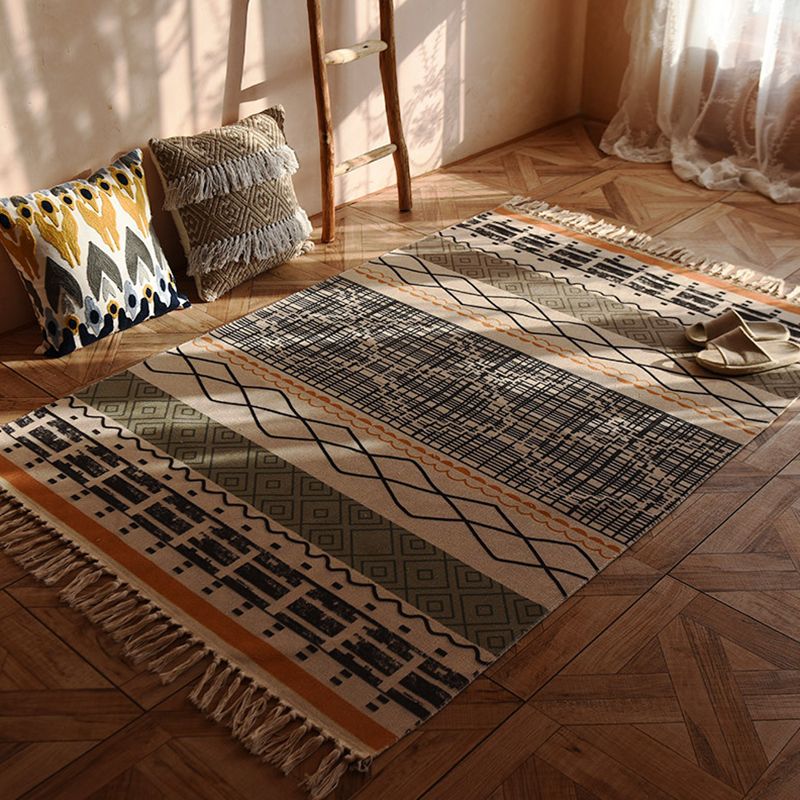 Bohemian Tribal Print Carpet Polyester Fringe Indoor Rug Stain Resistant Area Carpet for Living Room