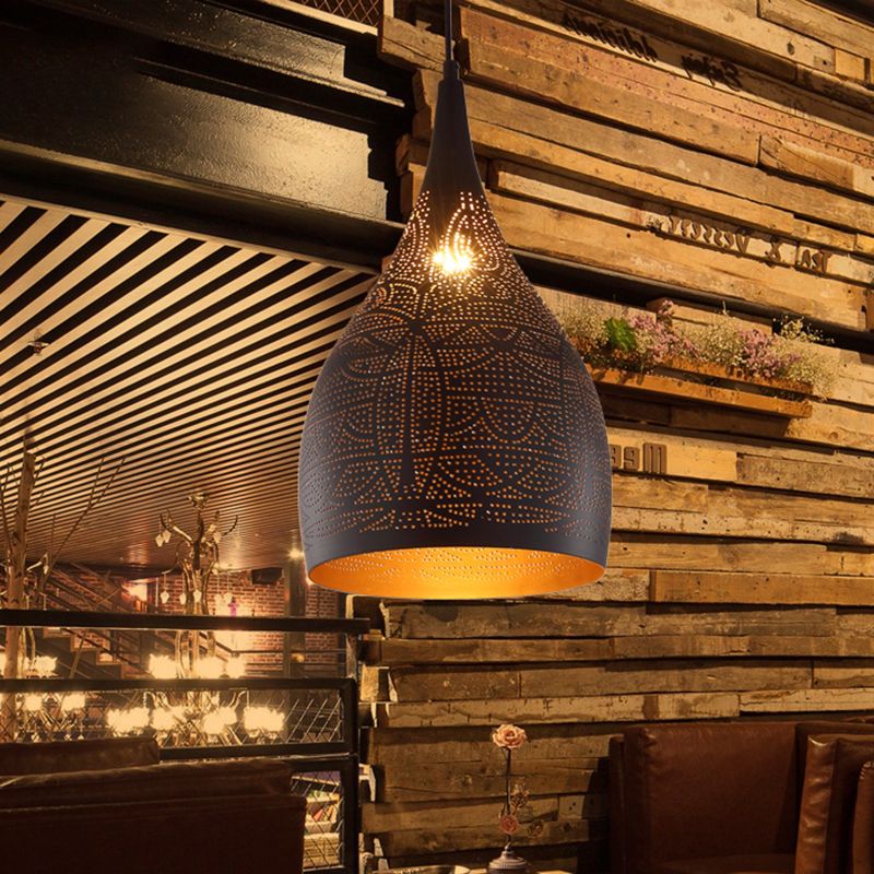 1 Light Teardrop Hanging Lighting Traditional Black/Silver/Brass Finish Metallic Ceiling Pendant Lamp