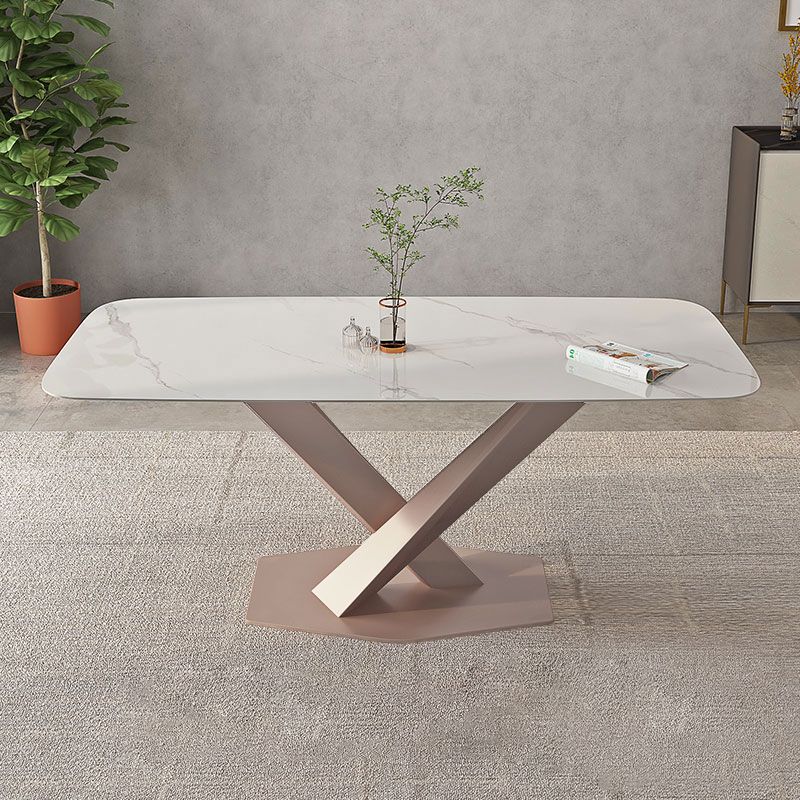 Modern Rectangle Dining Table Sintered Stone Table with Pedestal Base