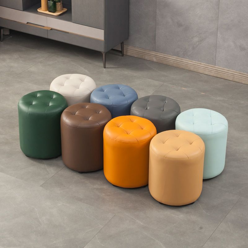 Contemporary Pouf Ottoman Genuine Leather Tufted Upholstered Solid Color Ottoman