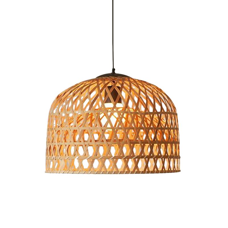 Asia 2-Layer Bowl Pendant Lighting Cross Woven Bamboo 1-Light Kitchen Ceiling Lamp in Beige