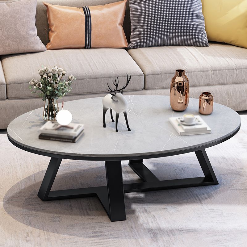 Modern Slate Cross Legs Coffee Table Oval Cocktail Table in Grey/White